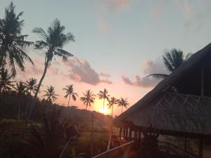 a sunset with palm trees and a house at Pondok Diana in Jasri