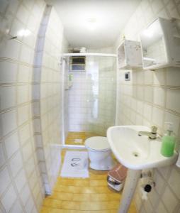 La petite salle de bains est pourvue d'un lavabo et de toilettes. dans l'établissement Apartamento no Centro de Friburgo, à Nova Friburgo