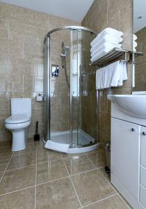 a bathroom with a shower and a toilet and a sink at Atholl Villa Guest House in Pitlochry