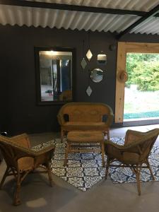 a living room with two chairs and a mirror at Moulin De Coupigny in Fontenille-Saint-Martin-d'Entraigues