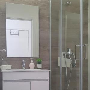 a bathroom with a sink and a shower at Old Dream in Nazaré