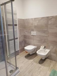 een badkamer met een douche, een toilet en een wastafel bij La casa di Beppe c cir D1135 in Lanzo dʼIntelvi