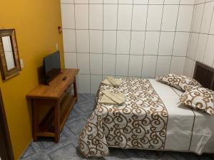 a bedroom with a bed and a desk with a television at casa temporada tiradentes in Tiradentes