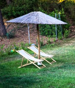 two lounge chairs under an umbrella in the grass at The Lake Apartments in Kommeno