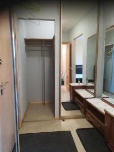 baño con 2 lavabos y espejo grande en Purvciems, Ieriķu apartment, en Riga