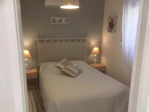 a bedroom with a white bed with two pillows on it at Villa Nassalia in Lorgues