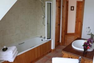 une salle de bain avec une baignoire et un lavabo dans l'établissement Seafront house with own private pier in Gunpoint, Schull, West Cork, à Seafort 95 autres photos