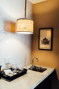 a kitchen with a sink and a light fixture at Hotel Normandie - Los Angeles in Los Angeles