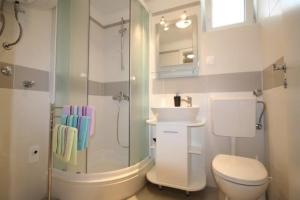 ein Badezimmer mit Dusche, Toilette und Waschbecken in der Unterkunft Apartments Hodzic in Šilo + 23 Fotos