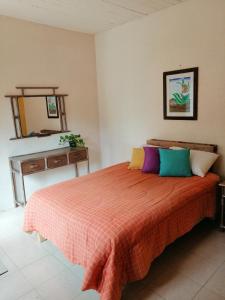 a bedroom with a bed and a dresser and a mirror at Tu casa Oaxaca... in Oaxaca City