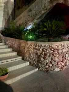 un conjunto de escaleras con una pared de piedra y plantas en Le Due Porte, en Maiori