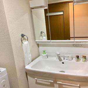 a bathroom with a sink and a mirror at LaForet inn 303  in Hiroshima +21 photos