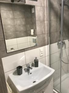 a bathroom with a sink and a mirror and a shower at Przytulisko na Mazurach in Ruciane-Nida +68 photos