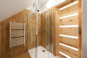 Łazienka z drewnianymi ścianami i kabiną prysznicową w obiekcie Apartament Lutowiska w mieście Lutowiska