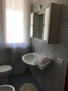 uma casa de banho com um lavatório, um WC e um espelho. em Venere em Peschiera del Garda