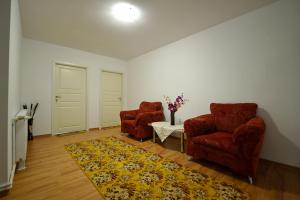 a living room with two chairs and a rug at Casa Daria in Haţeg