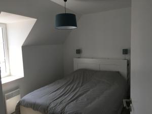 a white bedroom with a bed and a black lamp at TANTE LICHE in Penmarch