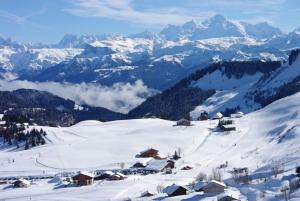 einen schneebedeckten Berg mit einem Dorf im Vordergrund in der Unterkunft Studio au pied des pistes- Le Praz de Lys in Taninges