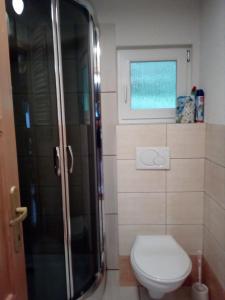La petite salle de bains est pourvue d'une douche et de toilettes. dans l'établissement Chata Brestová,Zuberec, à Zuberec