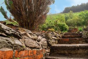a stone wall with stairs in a garden at Afan Valley Home - Contractor Accommodation in Port Talbot