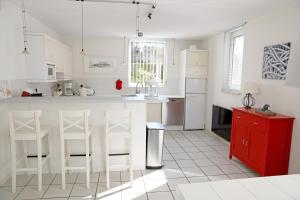 a kitchen with a white counter and a red cabinet at Vakantievilla Markant in Balk