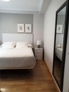 sypialnia z łóżkiem i dużym lustrem w obiekcie APARTAMENTOS PORTA NOVA w mieście Lugo