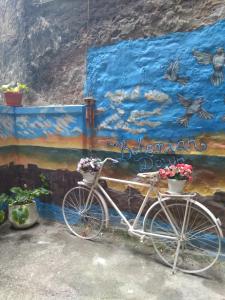 a bike parked in front of a wall with flowers at Bohemian Dawn Apartment in Belgrade