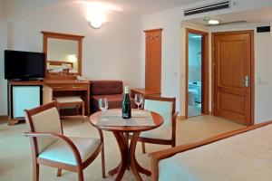 sala de estar con mesa, sillas y TV en Hotel Garden, en Ohrid