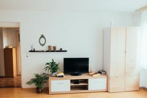 a living room with a television on a wooden stand at Sophies World in Sarajevo