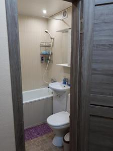uma casa de banho com um WC, um lavatório e uma banheira em Lux Apartment on Potanina 19 em Öskemen