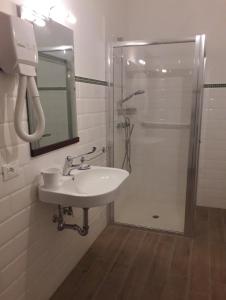 La salle de bains est pourvue d'un lavabo et d'une douche. dans l'établissement Masseria Agriturismo Moschella, à Posta Piana