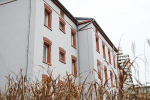 ein weißes Gebäude mit braunen Fenstern und hohen Grasflächen in der Unterkunft ALCATRAZ Hotel am Japanischen Garten in Kaiserslautern