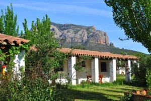 a white house with a mountain in the background at Camping Bungalows Armalygal in Murillo de Gállego