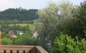 a tree sitting on top of a wooden deck at Ferienwohnung Landsbergblick in Walldorf