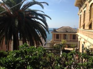 a palm tree and a building with the ocean in the background at L'Oasi in Genoa