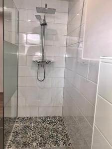 um chuveiro com uma porta de vidro na casa de banho em Ferienwohnung Alsterbogen em Flensburg