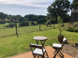 a table and chairs on a deck with an elephant in the field at Luxury Shepherds Hut in Bransgore
