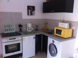 una cocina con lavavajillas, microondas y fregadero en Les cigales des prés Studio, en Aups