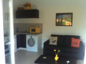 sala de estar con sofá negro y microondas en Les cigales des prés Studio, en Aups
