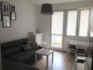 salon z kanapą i stołem w obiekcie Apartament Przy Skarpie w Toruniu