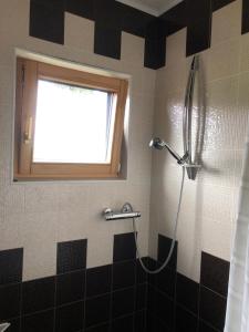 La salle de bains est pourvue d'une douche et d'une fenêtre. dans l'établissement Paukoje Apartamentai, à Ignalina