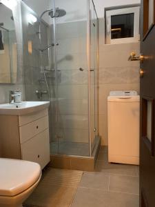 y baño con ducha, lavabo y aseo. en Apartament Cristina en Bucarest