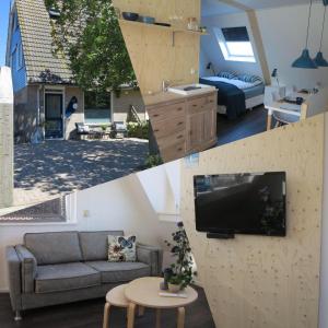 a living room with a couch and a tv on a wall at B&B Zonnedael in Oosterend