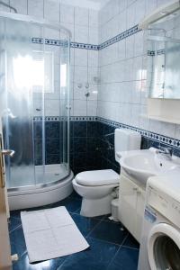 uma casa de banho com um WC, um chuveiro e um lavatório. em Apartments Ankica em Šibenik