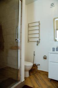a bathroom with a shower and a toilet and a sink at Золотой Бугаз in Gribovka