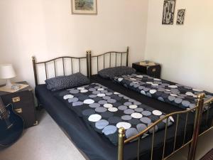 1 Schlafzimmer mit 2 Betten mit blauer und weißer Bettwäsche in der Unterkunft Appartamento Ticino in Maroggia