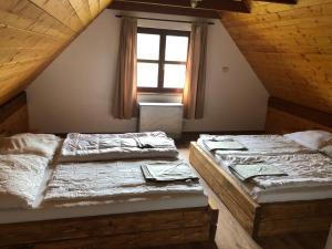 Posteľ alebo postele v izbe v ubytovaní Chalupy v Podkrkonoší- Chalupa Oto, Chalupa Prade