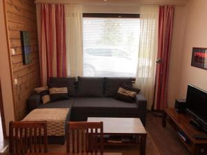 ein Wohnzimmer mit einem Sofa und einem Tisch in der Unterkunft Villa Ylläs 101 in Ylläsjärvi
