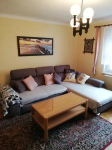 ein Wohnzimmer mit einem Sofa und einem Couchtisch in der Unterkunft Apartment Rose in Jesenice