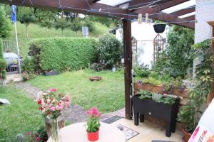 a garden with flowers in pots on a table at Hostel Bad Salzig in Boppard